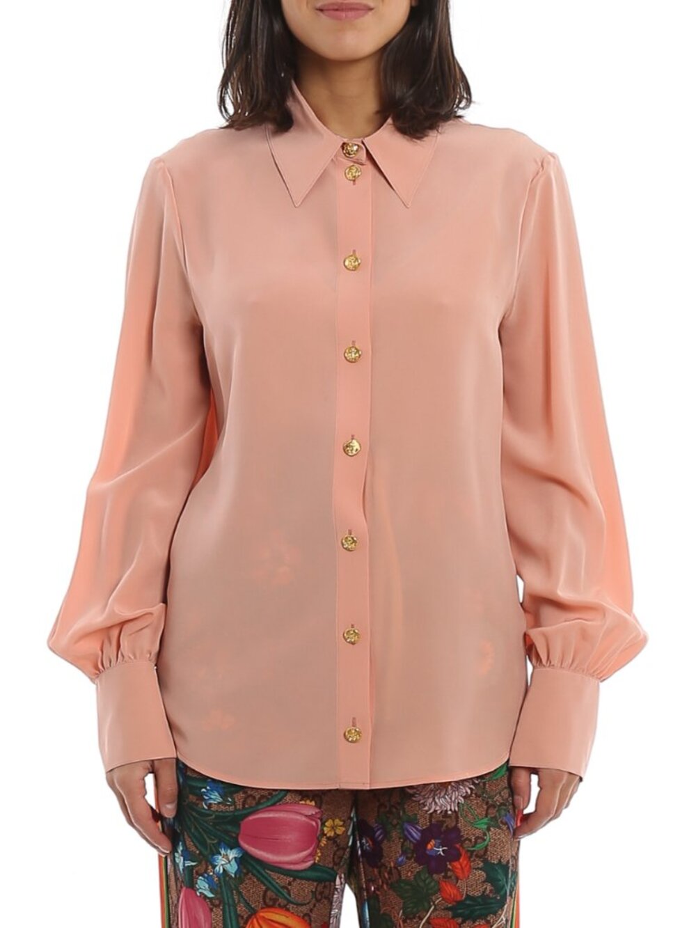 $1200 Gucci Pink Peach Poetic Rose Silk Crepe Button Down Polo Blouse size 8/44